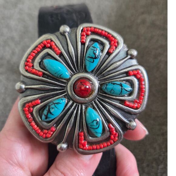 Southwestern Black Floral Embossed Leather Turquoise & Red Concho Buckle small main image 5